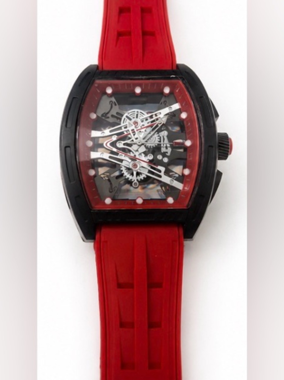 Fashion Skeleton Mechanical Look Quartz Watch – Red & Black